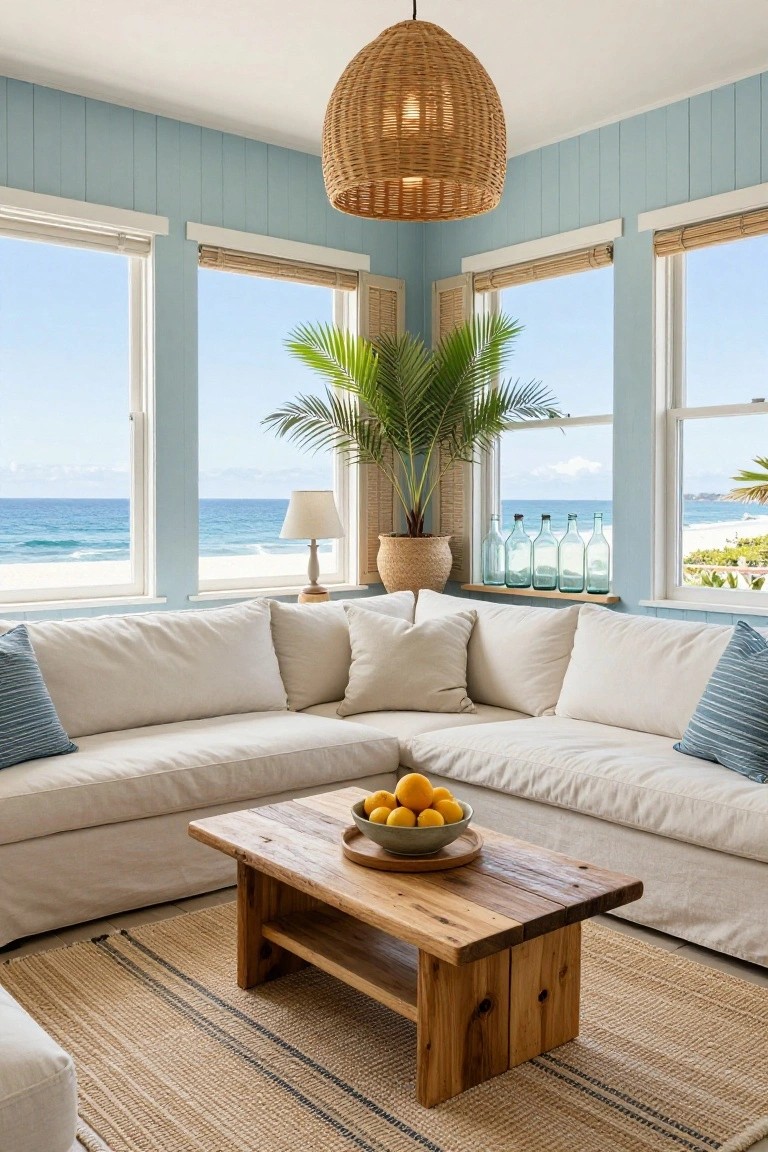 White U-shaped slipcovered sofa in corner of light blue room with large windows showing ocean view, wooden coffee table holding bowl of oranges, potted palm plant, lamp, and blue glass bottles on shelf.