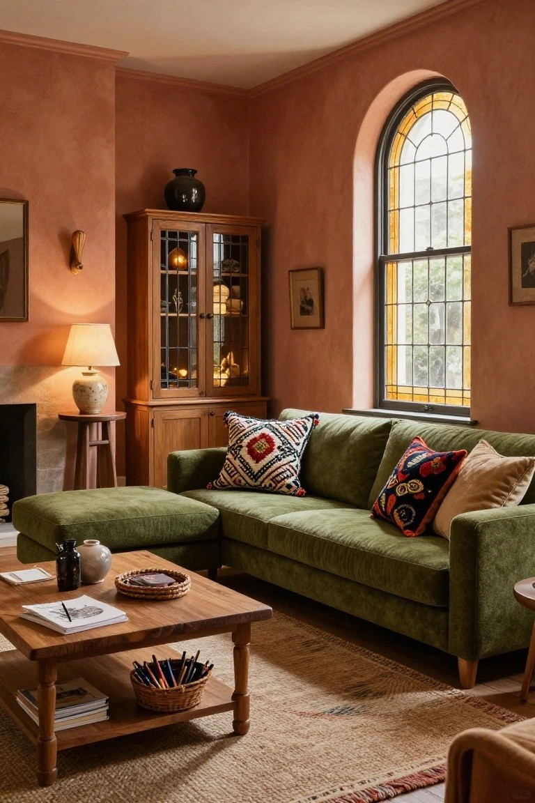Living room featuring a green L-shaped modular sofa with colorful pillows, wooden coffee table holding books and baskets, terracotta textured walls, arched stained-glass window, wooden cabinet, and table lamp.