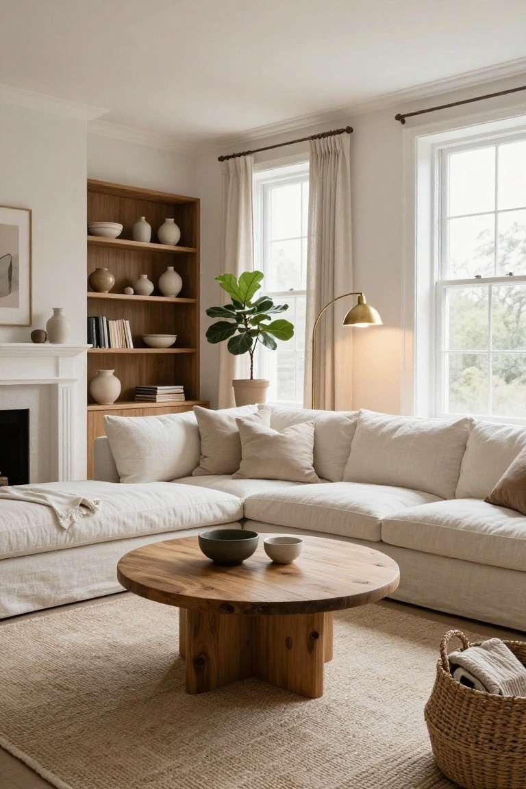 White U-shaped linen sofa in a light living room corner with wooden built-in bookshelves filled with ceramics and books, a fiddle leaf fig plant, round wooden coffee table holding bowls, beige seagrass rug, wicker basket, and large windows with cream curtains.