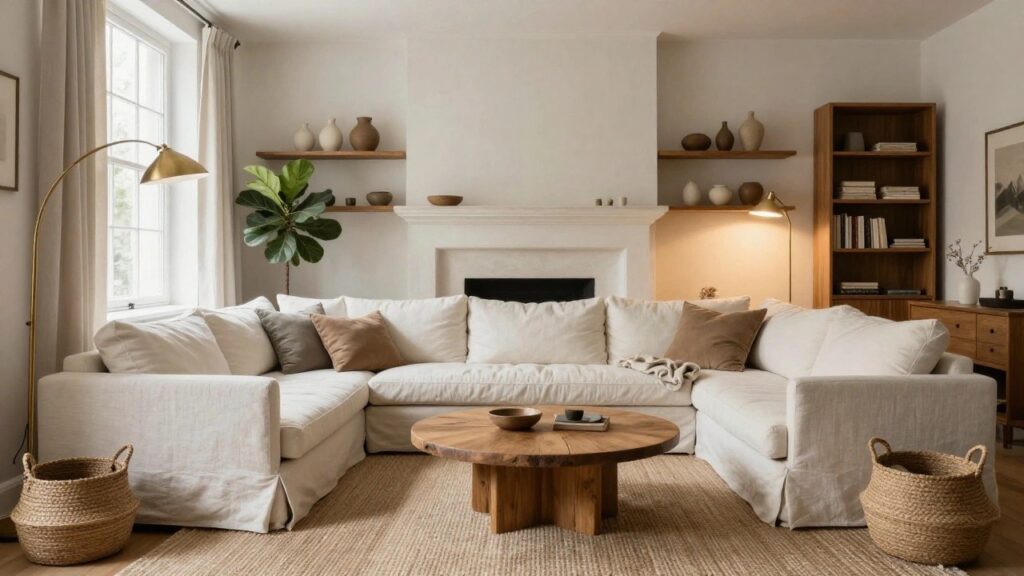 White U-shaped linen sofa in a light living room corner with wooden built-in bookshelves filled with ceramics and books, a fiddle leaf fig plant, round wooden coffee table holding bowls, beige seagrass rug, wicker basket, and large windows with cream curtains.