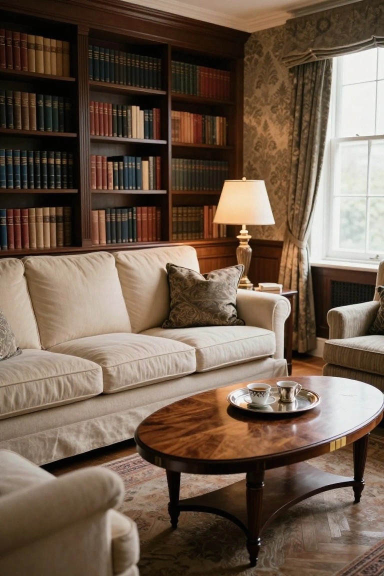 Cozy library interior with dark wood bookshelves lined with books, beige three-seater sofa and matching armchairs forming a U-shape around an oval wooden coffee table holding a silver tray with teacups, a table lamp on a side table, and patterned rug on parquet floor.