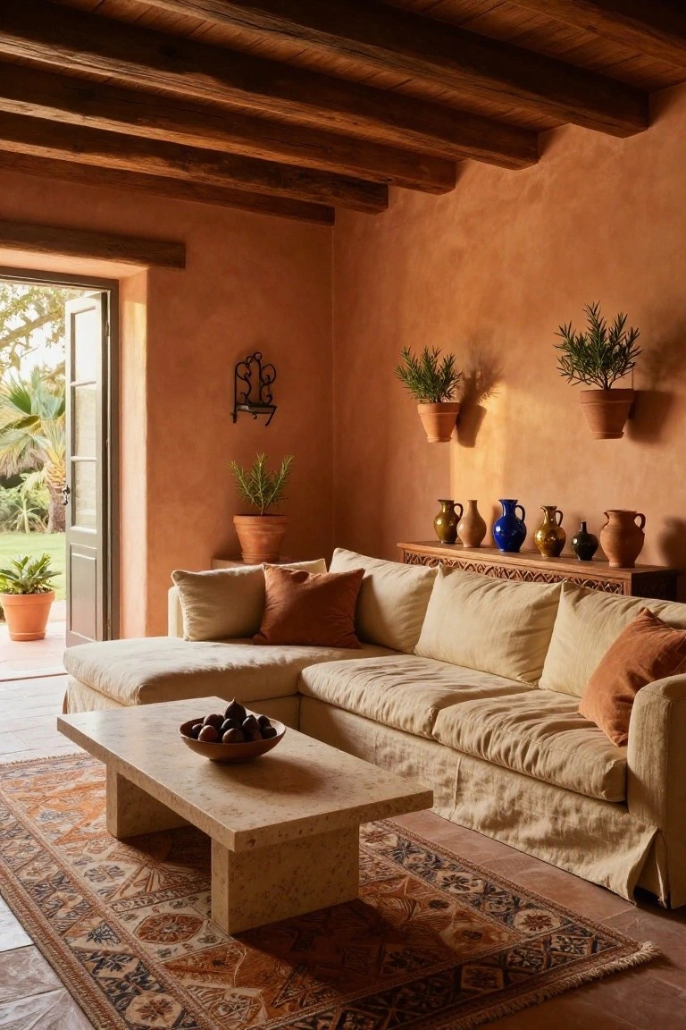Living room featuring terracotta walls, wooden beamed ceiling, beige L-shaped linen sofa with orange pillows, travertine coffee table holding a bowl of fruit, shelves with colorful pottery, potted plants, and open French door to garden with palms and lawn.