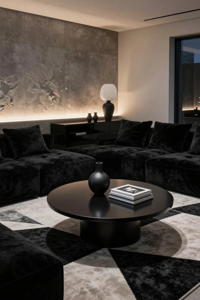 Modern living room with black velvet U-shaped modular sofa surrounding a round black coffee table holding a black vase and stacked books, on a black and white geometric rug, gray textured wall with floral relief design, black credenza, white lamp, and window.