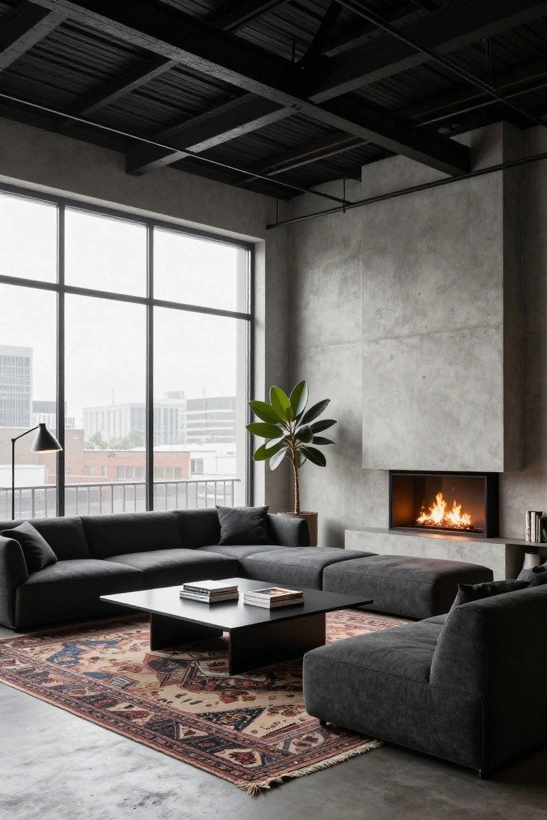 Modern industrial living room featuring a gray U-shaped sofa facing a slim black fireplace on a concrete wall, with a low black coffee table, books, large windows showing a cityscape, potted plant, floor lamp, and Persian rug on concrete floor.