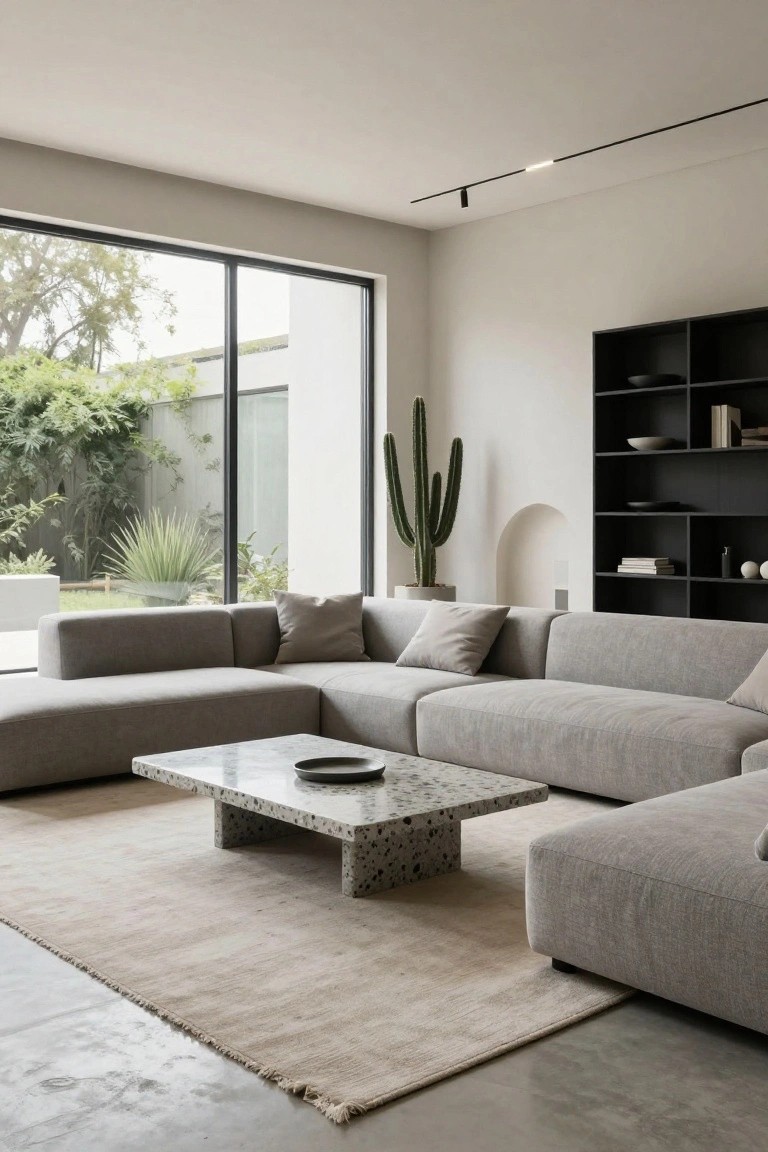 Minimalist living room with gray U-shaped sectional sofa positioned in front of large sliding glass doors to a garden with trees, agave plants, and a potted cactus, featuring a terrazzo coffee table, beige rug, and black shelving unit.