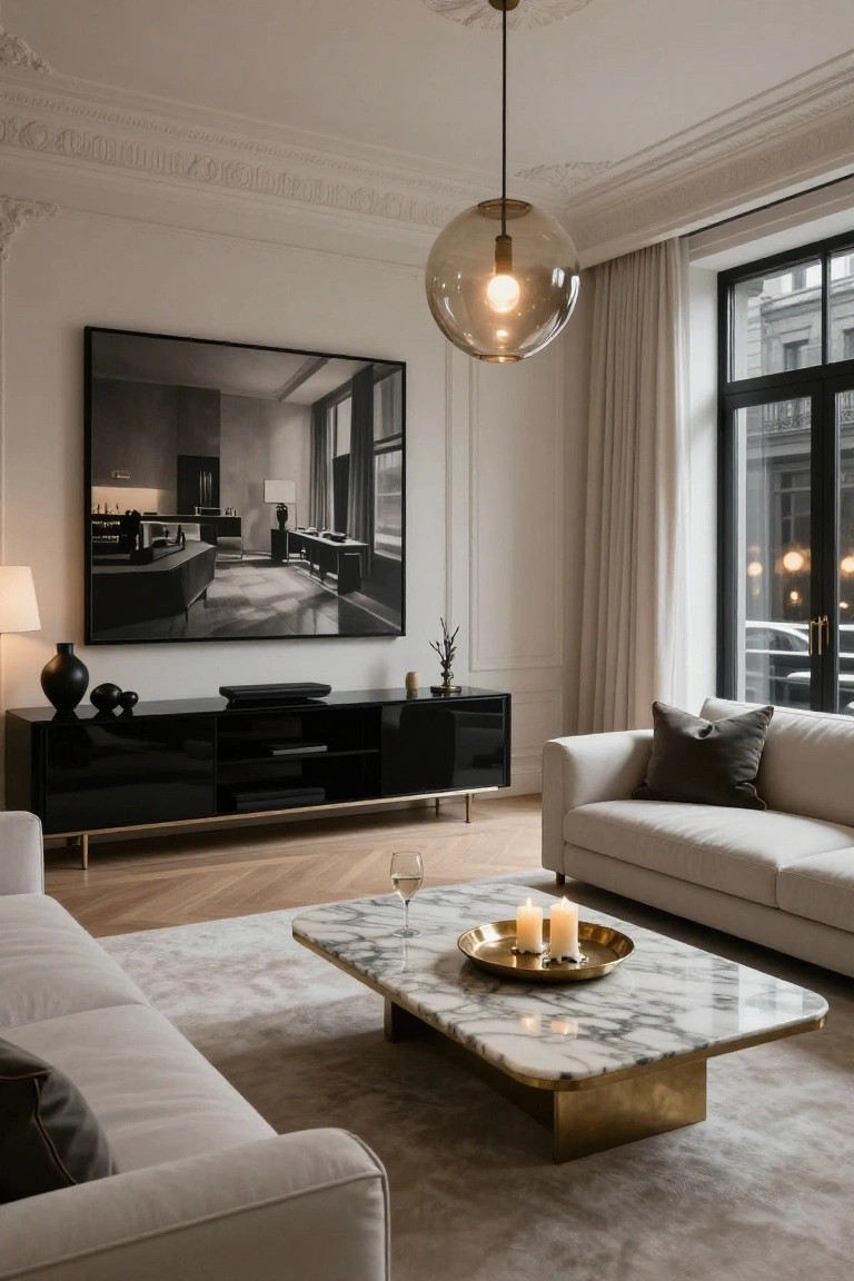 Contemporary living room with cream U-shaped sofa facing black lacquered TV cabinet, white marble coffee table topped with gold tray candles and wine glass, large black-and-white architectural photo on wall, glass globe pendant light, and herringbone parquet floor.