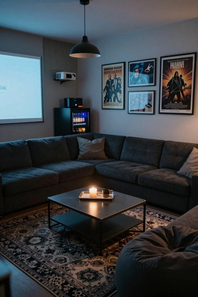 Dimly lit modern living room with U-shaped dark gray sofa around a black metal coffee table holding a candle and cup, projector screen on wall, movie posters, mini bar fridge, and bean bag chair.