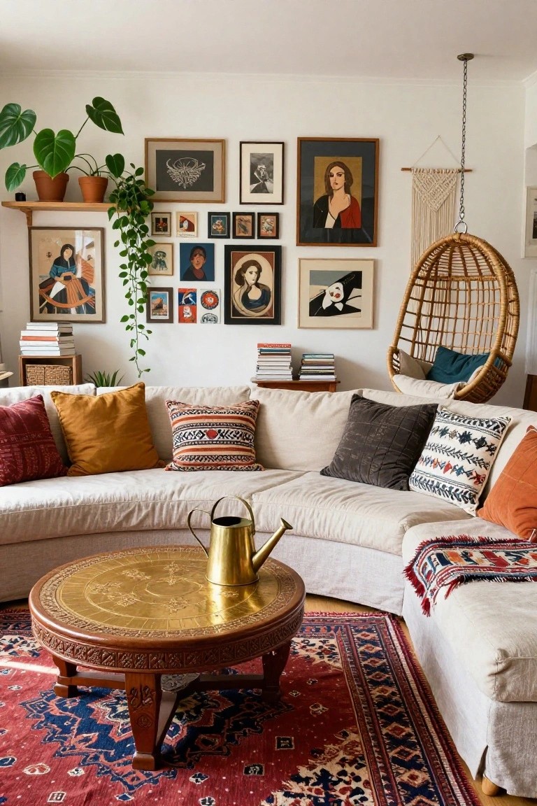 Cozy living room with white sofa, brass table, art gallery wall, and hanging chair.
