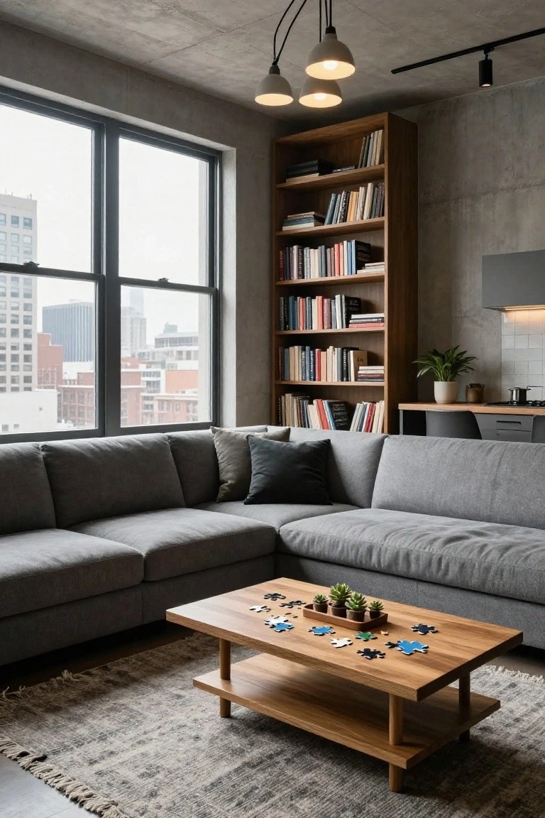 Gray U-shaped sectional sofa in corner of industrial loft living room around wooden coffee table with partially assembled jigsaw puzzle and succulents, flanked by bookshelves and large windows overlooking city buildings.