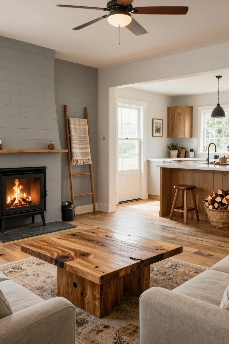 Living room with two beige sofas arranged in a U-shape around a large wooden coffee table facing a lit fireplace, open kitchen with wooden island in background, wooden ladder with blanket nearby.