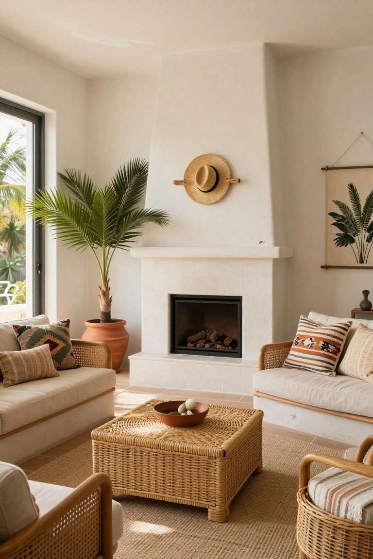 White living room with two facing sofas and rattan chairs forming a U-shape around a square woven coffee table, lit fireplace on white wall, potted palm tree, and wall-hung straw hat.
