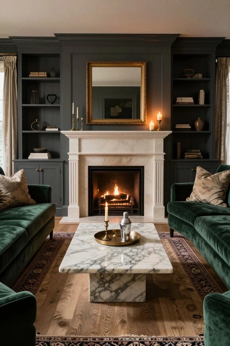 A living room featuring dark gray built-in bookshelves and cabinets flanking a white marble fireplace with a fire burning, two green velvet sofas arranged in a U-shape around a white marble coffee table, gold-framed mirror above the mantel, and candles throughout.