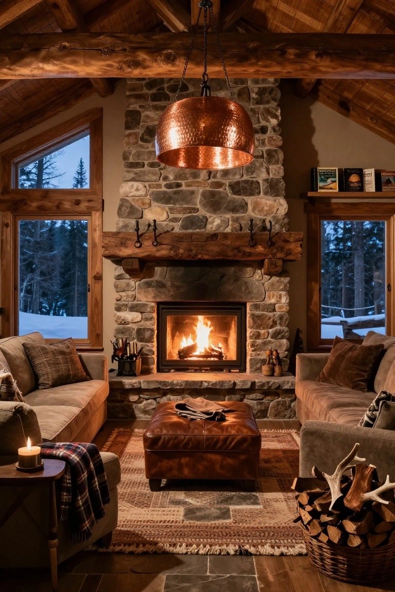 Living room interior featuring two facing beige sofas with pillows, a central leather ottoman, stone fireplace with burning logs, wooden beams, copper pendant light, and large windows showing snowy forest outside.
