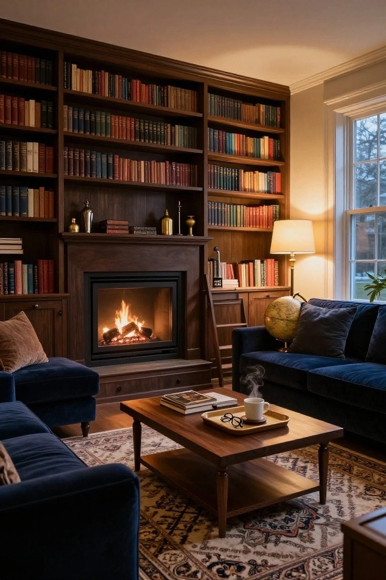 Dark wood bookshelves filled with colorful books surround a lit fireplace and two navy blue velvet sofas arranged in a U-shape around a wooden coffee table with a tray, cup, and glasses in a cozy library room with a lamp and window.