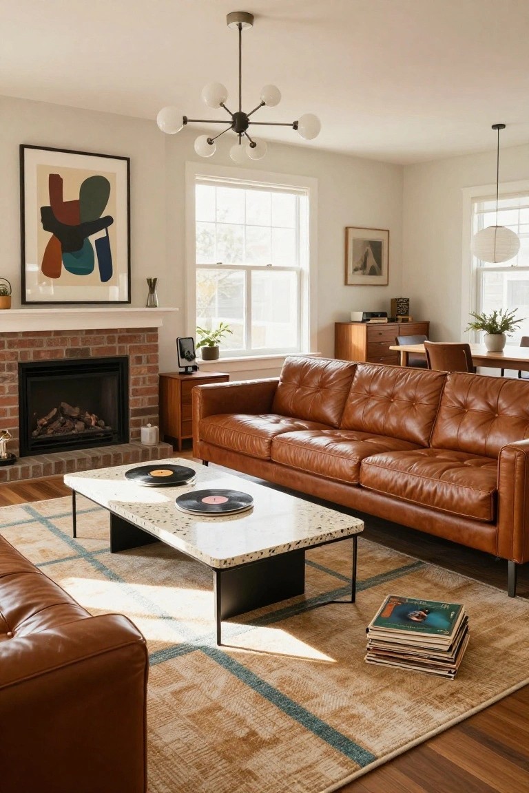 A living room with two tan leather sofas arranged in a U-shape around a low white terrazzo coffee table holding vinyl records, facing a brick gas fireplace, with abstract wall art and plants nearby.