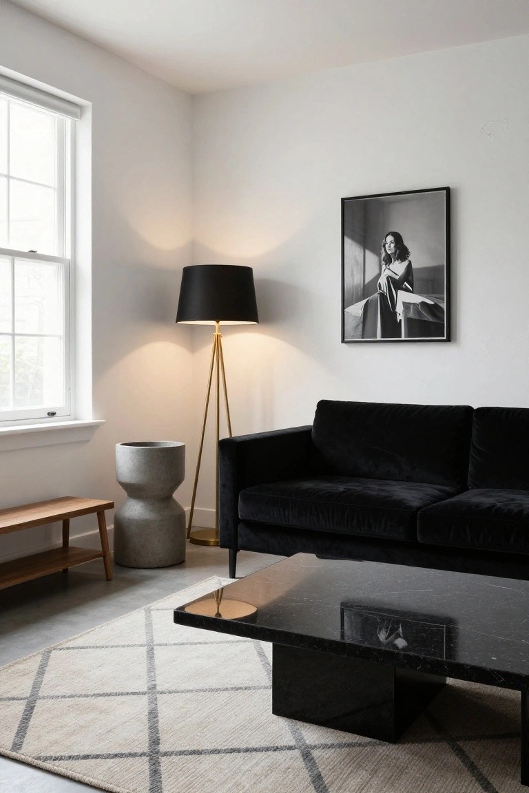 White-walled living room corner featuring a black velvet L-shaped sofa, black marble pedestal coffee table, tall brass floor lamp with black shade, gray concrete planter, wooden bench, and large black-and-white framed photo on wall above sofa.