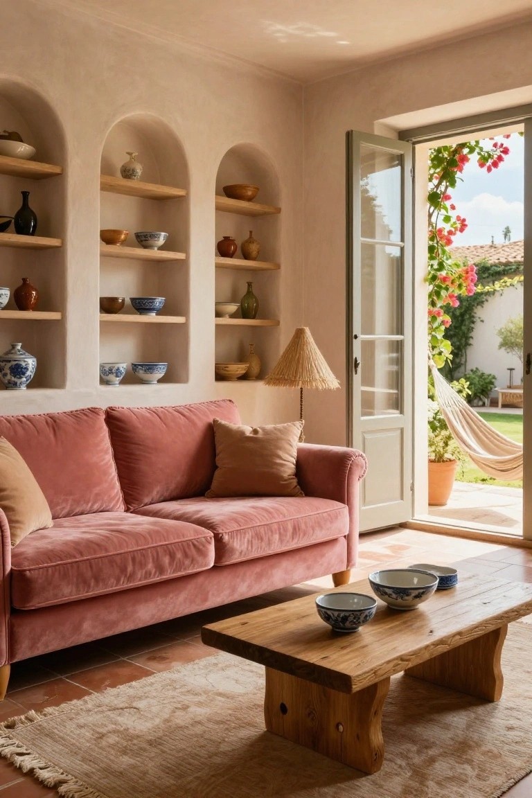 Living room with pink velvet sofa, wooden coffee table holding blue and white bowls, three arched wall niches displaying pottery, rattan lamp, and open French doors to garden with bougainvillea vines, hammock, and lawn.