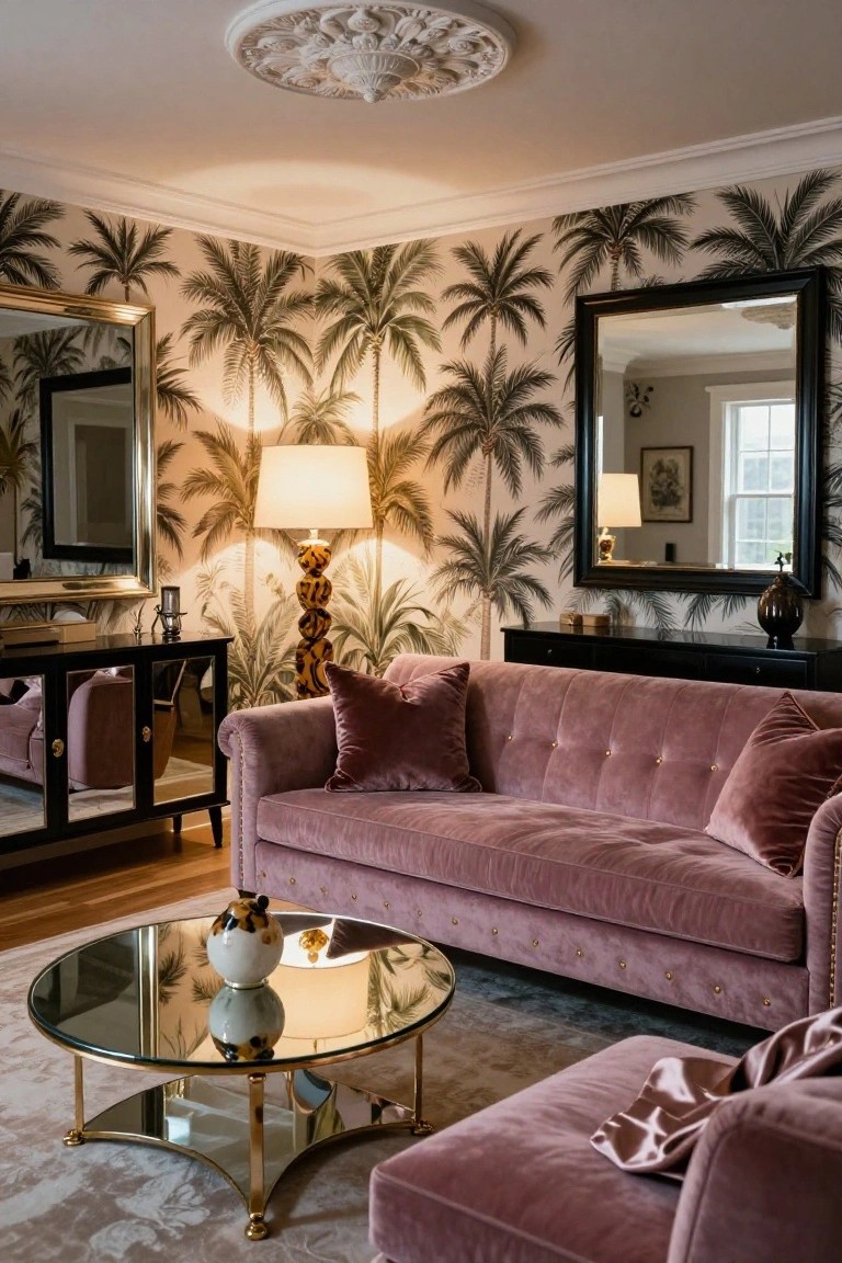 Living room corner with blush pink tufted velvet sofa and matching ottoman, palm leaf wallpaper on walls, gold mirror frames, black credenza, brass and glass coffee table, and patterned floor lamps.
