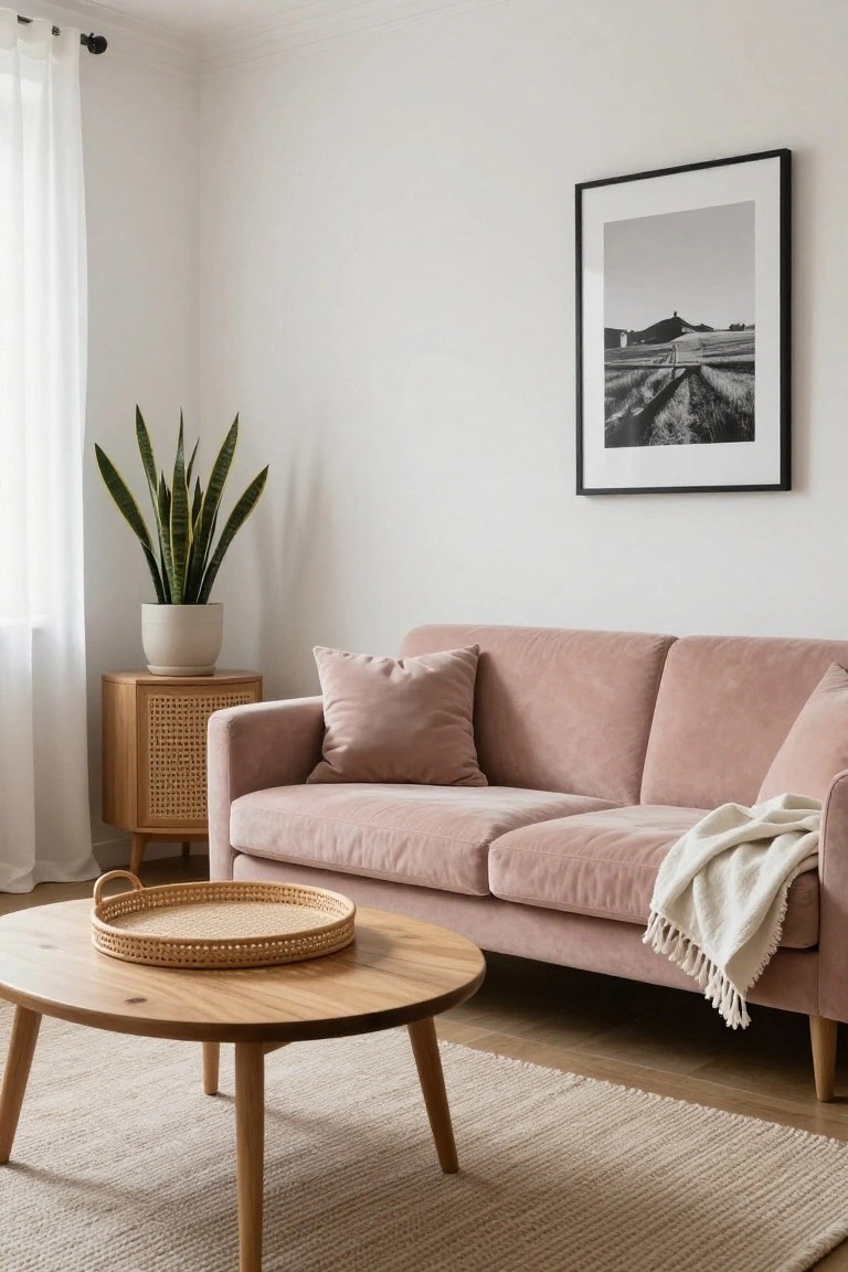 Living room corner with blush pink velvet three-seater sofa, round wood coffee table with rattan tray, rattan side table holding white pot with snake plant, sheer white curtains, and black-framed black-and-white landscape photo on white wall.
