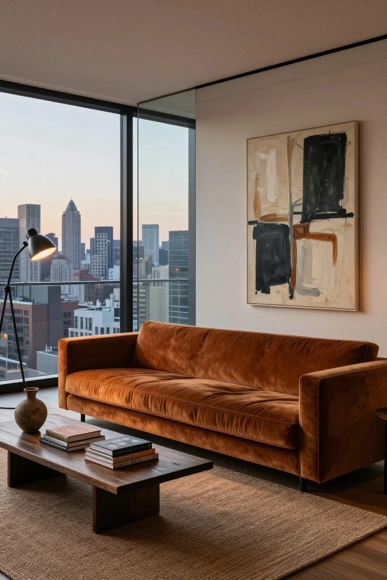 Modern living room with burnt orange velvet sofa, low wooden coffee table holding stacked books, floor lamp, abstract painting on wall, and floor-to-ceiling windows overlooking city skyline at dusk.