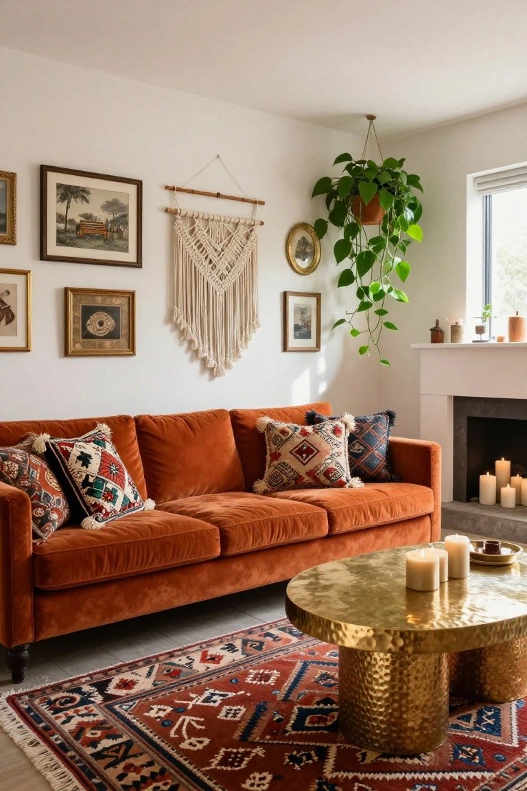 Living room corner with burnt orange velvet sofa piled with patterned pillows, brass coffee table holding candles, macrame wall hanging, potted plants, framed artwork on white walls, and candles on a fireplace hearth.