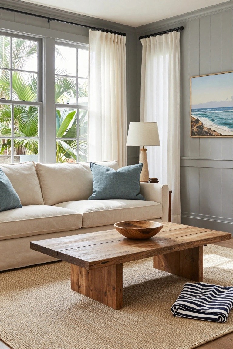 Cream slipcovered sofa with teal pillows and beige cushions in a light gray paneled living room, featuring a wooden coffee table holding a wooden bowl, seagrass rug, lamp on side table, sheer curtains on large windows with palm trees outside, and ocean painting on wall.