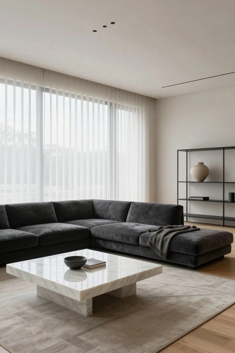 Modern living room with charcoal gray L-shaped velvet sofa, white marble coffee table holding a bowl and book, black metal shelving with beige vase and objects, large windows with sheer white curtains, neutral walls, and light wood floors.