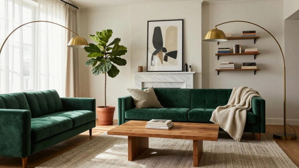 20 Velvet Sofa Living Room Ideas With Luxe Texture Green velvet L-shaped sofa in a light-filled living room facing a white marble fireplace, with wooden coffee table, tall potted ficus plant, gold arc lamp, abstract black artwork, and beige rug.