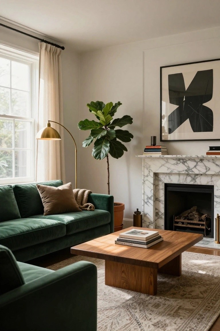 Green velvet L-shaped sofa in a light-filled living room facing a white marble fireplace, with wooden coffee table, tall potted ficus plant, gold arc lamp, abstract black artwork, and beige rug.