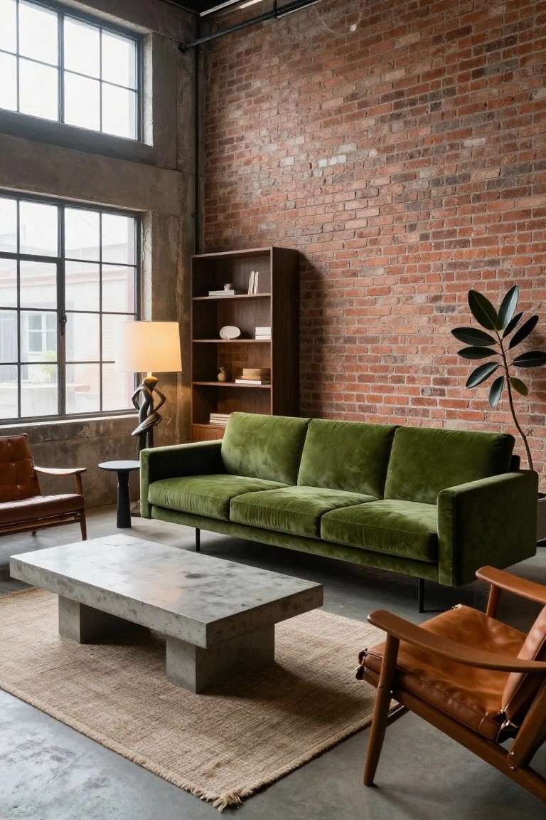 A living room in an industrial loft space with a green velvet three-seater sofa, two tan leather armchairs, a gray concrete coffee table, exposed brick walls, wooden bookshelves, a large potted plant, and large metal-framed windows.