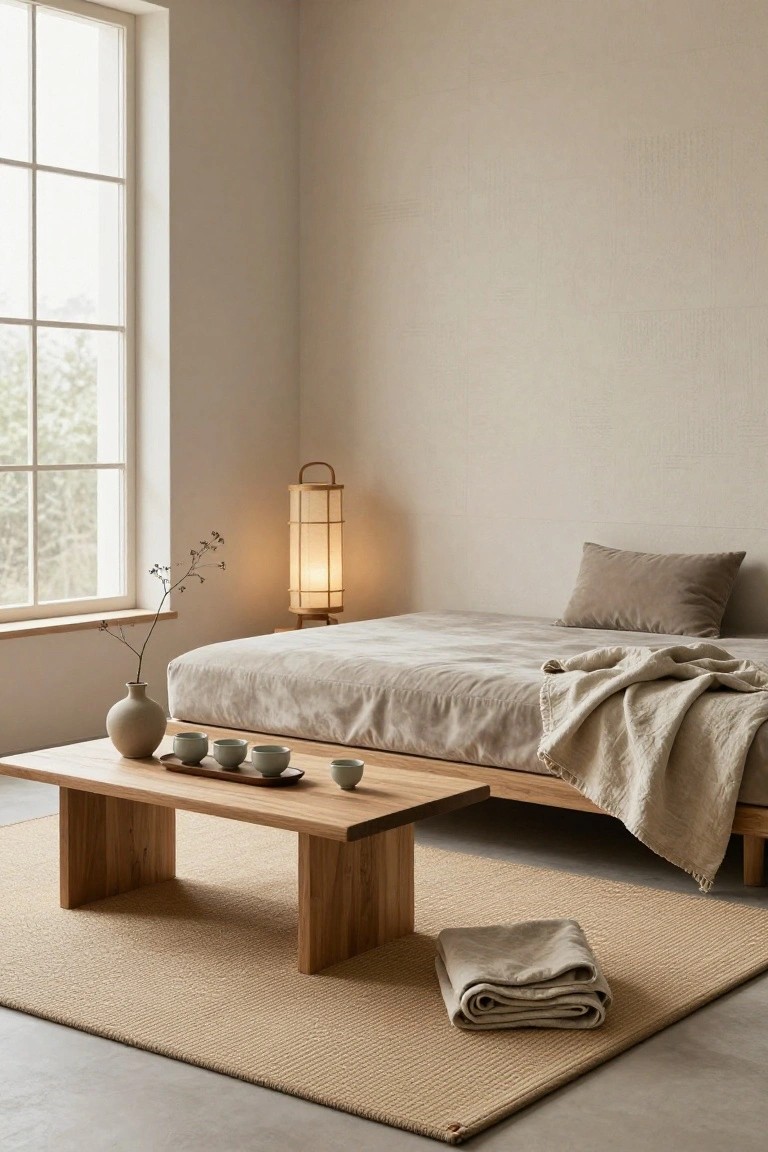 Minimalist beige bedroom with low wooden platform bed covered in beige linens and gray pillow, low rectangular wooden table holding gray ceramic teacups, tray, and beige vase with dried branches, beige seagrass rug, tall paper lantern lamp, and window overlooking greenery.