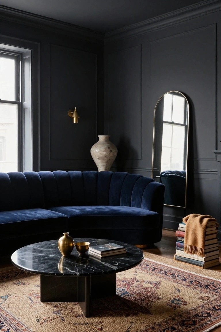 Charcoal paneled living room corner with navy blue curved tufted velvet sofa, black marble round coffee table on Persian rug, brass vase and bowl on table, gold floor mirror, white ceramic vase on floor, and gold wall sconce near window.