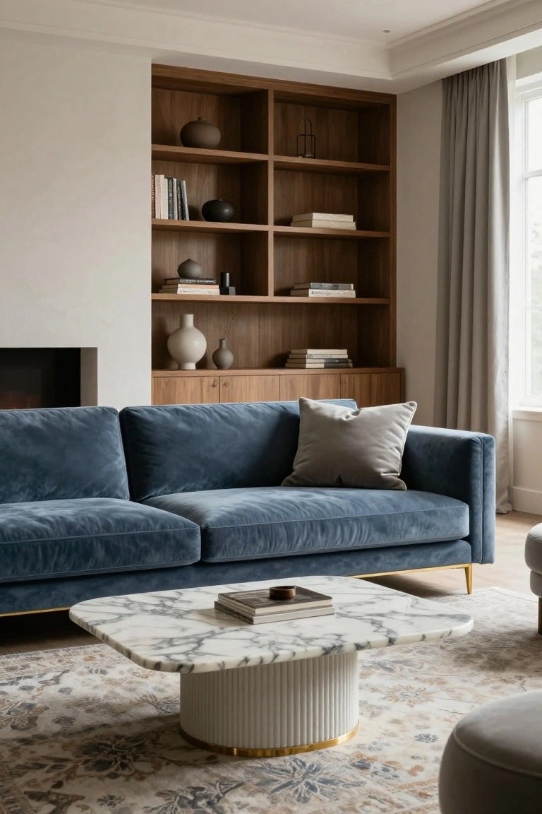 Modern living room featuring a navy blue velvet L-shaped sofa, white marble rectangular coffee table on fluted pedestal base, wood built-in shelving and cabinet beside recessed fireplace, beige patterned rug, gray ottoman, and gray curtains at window.
