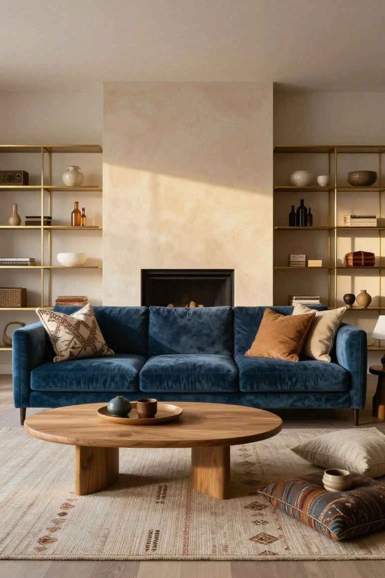A navy blue velvet three-seat sofa faces a fireplace in a living room with matching gold metal open shelving units on either side holding books, vases, ceramics, and bottles, a round wooden coffee table in front, patterned pillows on the sofa and floor pillows on a beige rug.