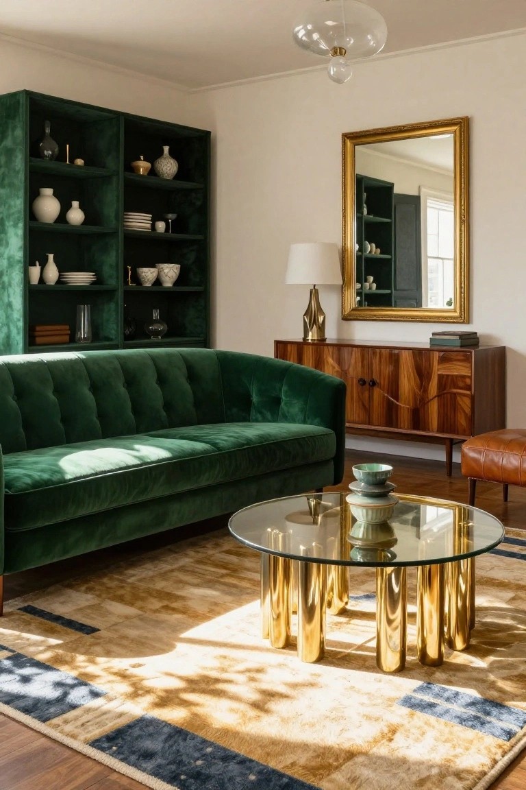 Living room with tufted emerald green velvet sofa, matching green velvet-covered bookshelves filled with ceramics and books, wood credenza, brass and glass coffee table, gold lamp, gold-framed mirror, and multicolored striped rug on wood floor.