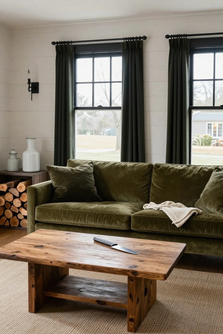 Living room with green velvet sofa, olive green throw pillows and blanket, rustic wooden coffee table with knife on top and shelf underneath, firewood stack on wood side table, white shiplap walls, green curtains on black-framed windows overlooking yard, white vase on floor.