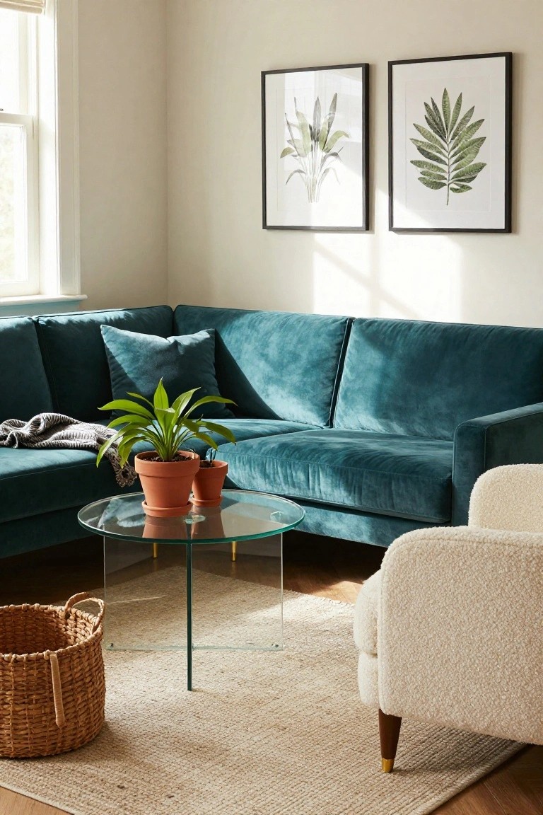 Living room corner with teal velvet L-shaped sectional sofa, two potted plants on sofa and glass coffee table, cream bouclé armchair, seagrass rug, wicker basket, and two framed leaf prints on beige walls near window.