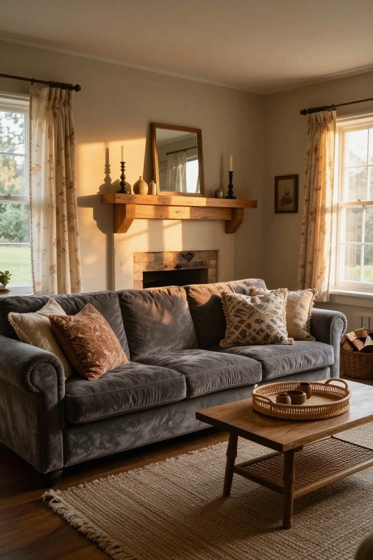 Gray tufted velvet sofa in a living room with brick fireplace, wooden mantel and coffee table, assorted pillows, candles, and sunlight through sheer curtains on large windows.