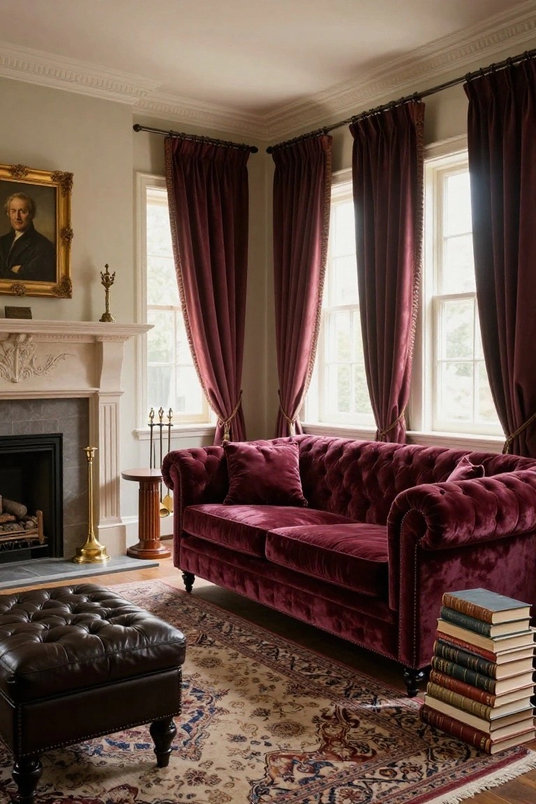 Living room with tufted burgundy velvet sofa near marble fireplace, burgundy velvet curtains on three tall windows, gold-framed portrait on wall, leather ottoman, and stack of books on wood table.