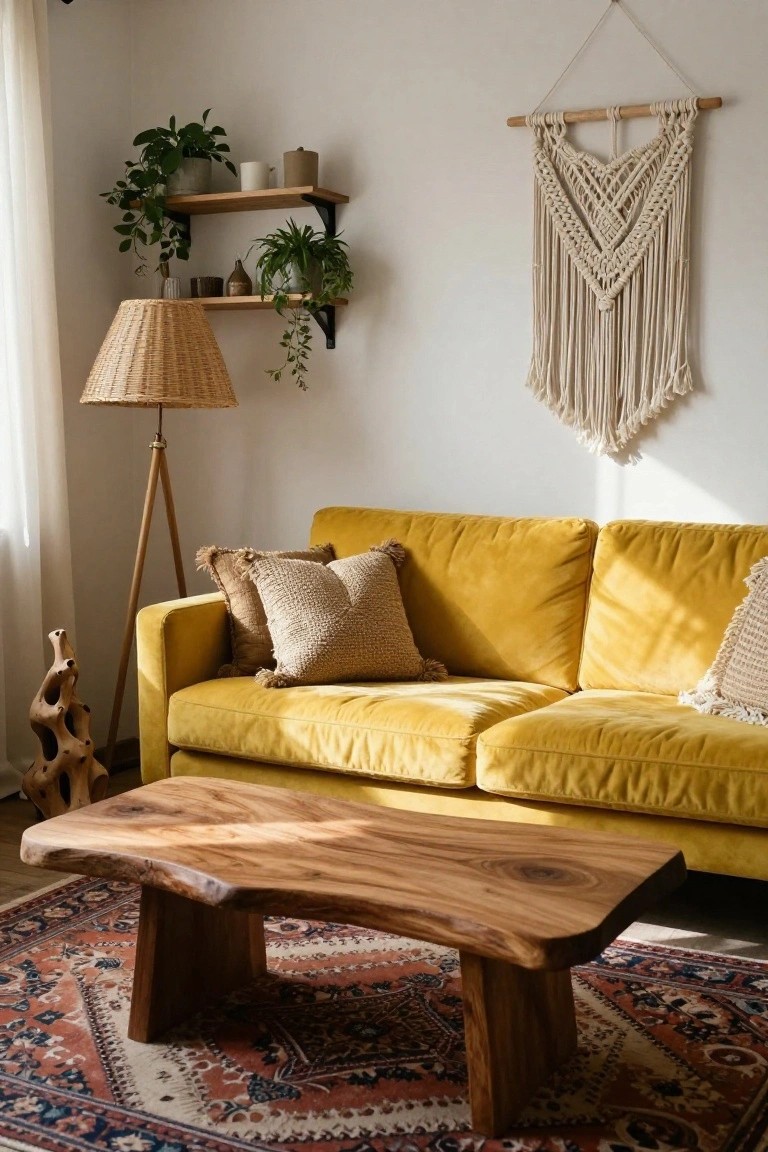 Living room with mustard yellow velvet sofa, live-edge wooden coffee table on red and blue patterned rug, rattan floor lamp, wooden sculpture, potted plants on wall shelves, and white macrame wall hanging.