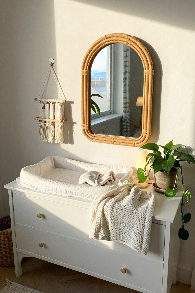 White dresser with woven changing pad, mirror, plant, and wall hanging.