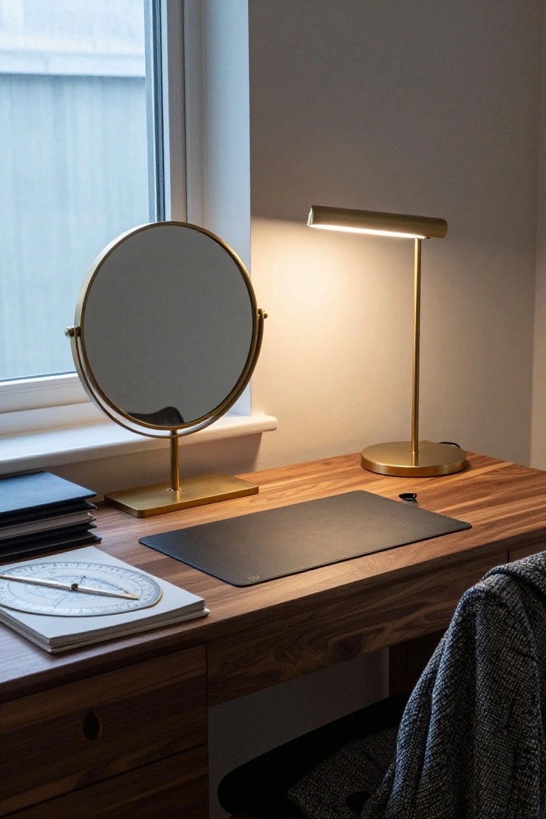 A wooden desk with a round brass mirror on a stand, a lit desk lamp, a dark leather mat, and notebooks including one with a protractor near a window.