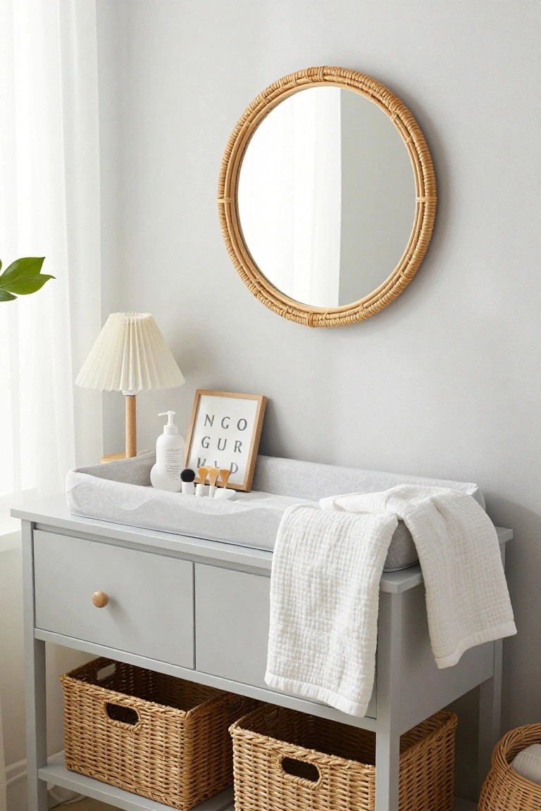 A light gray dresser topped with a changing pad and a round rattan mirror above it, with three woven baskets stored on the open lower shelf.
