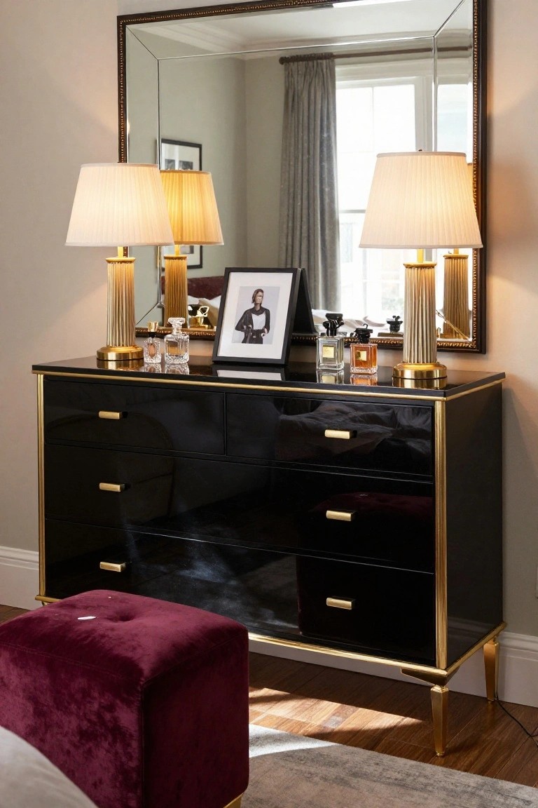 A black glossy dresser with gold trim and handles sits under a large mirror, with two lamps and perfume bottles on top and a maroon ottoman in front.
