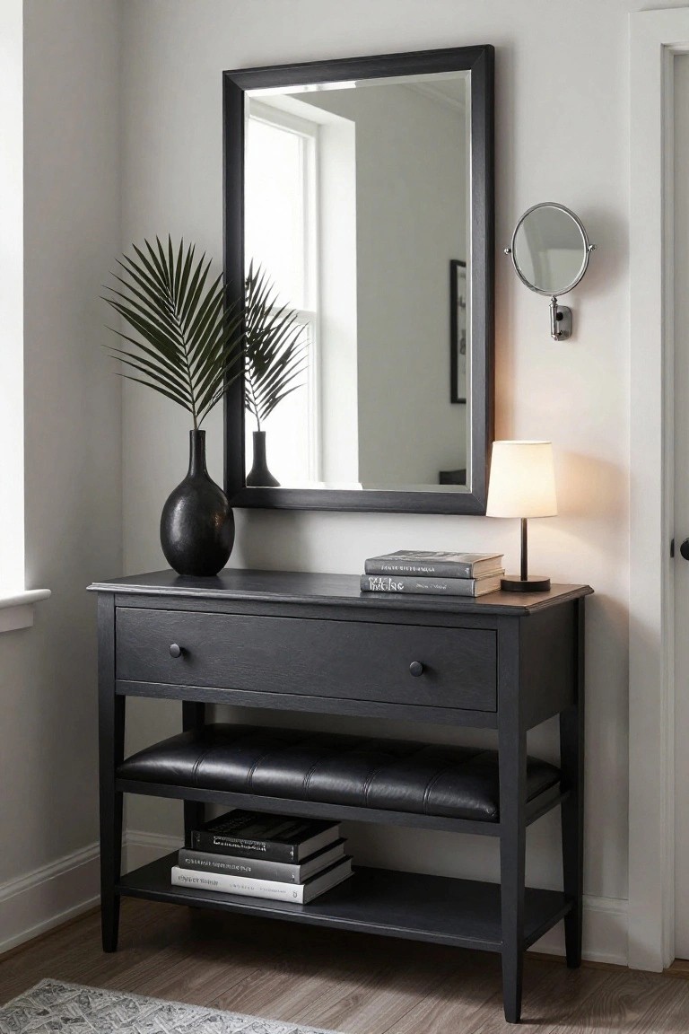 A dark wood console table with a top drawer, an upholstered bench on the lower shelf, stacked books, a table lamp, and a black vase with palm leaves, topped by a large framed mirror.