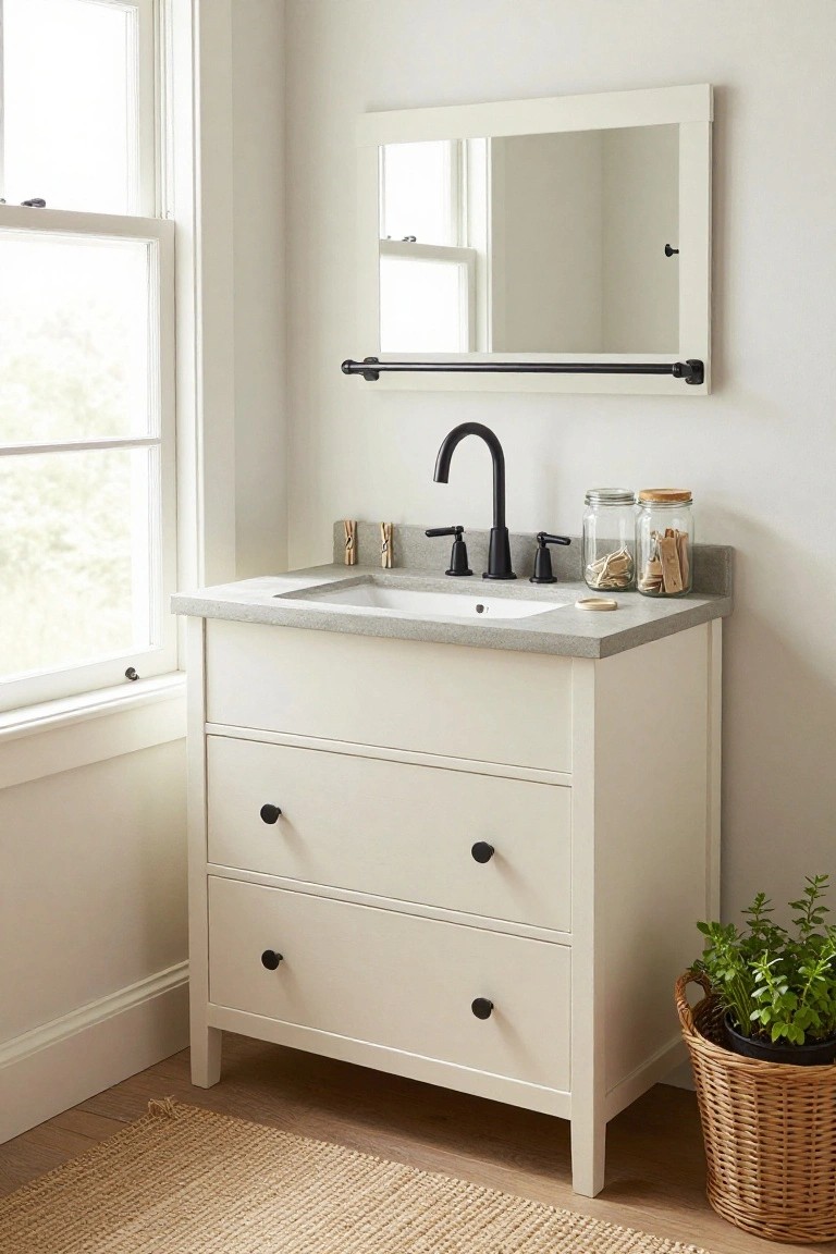 A white bathroom vanity with three drawers, black knobs, a gray countertop, and a black faucet sits under a mirror beside a window.