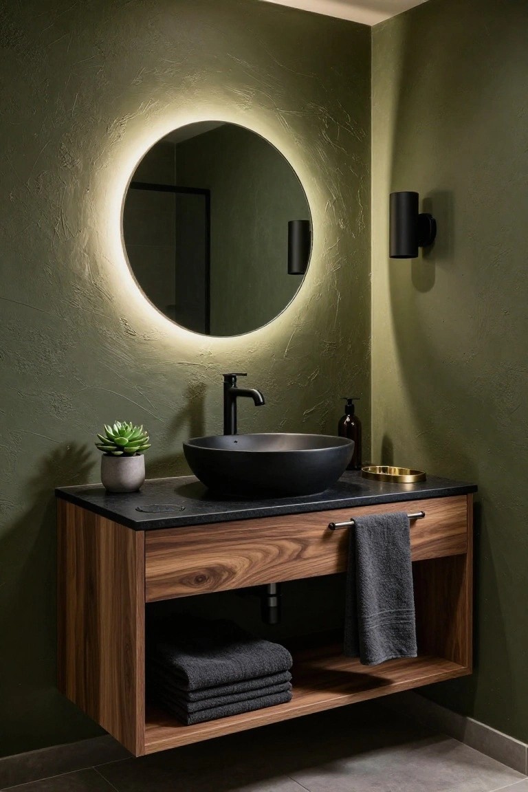 Modern bathroom vanity with round backlit mirror, black vessel sink, and wood accents.