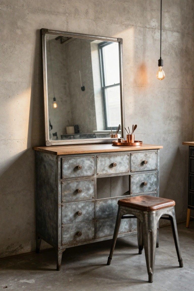 Industrial metal dresser with drawers, wooden top, mirror, and stool.