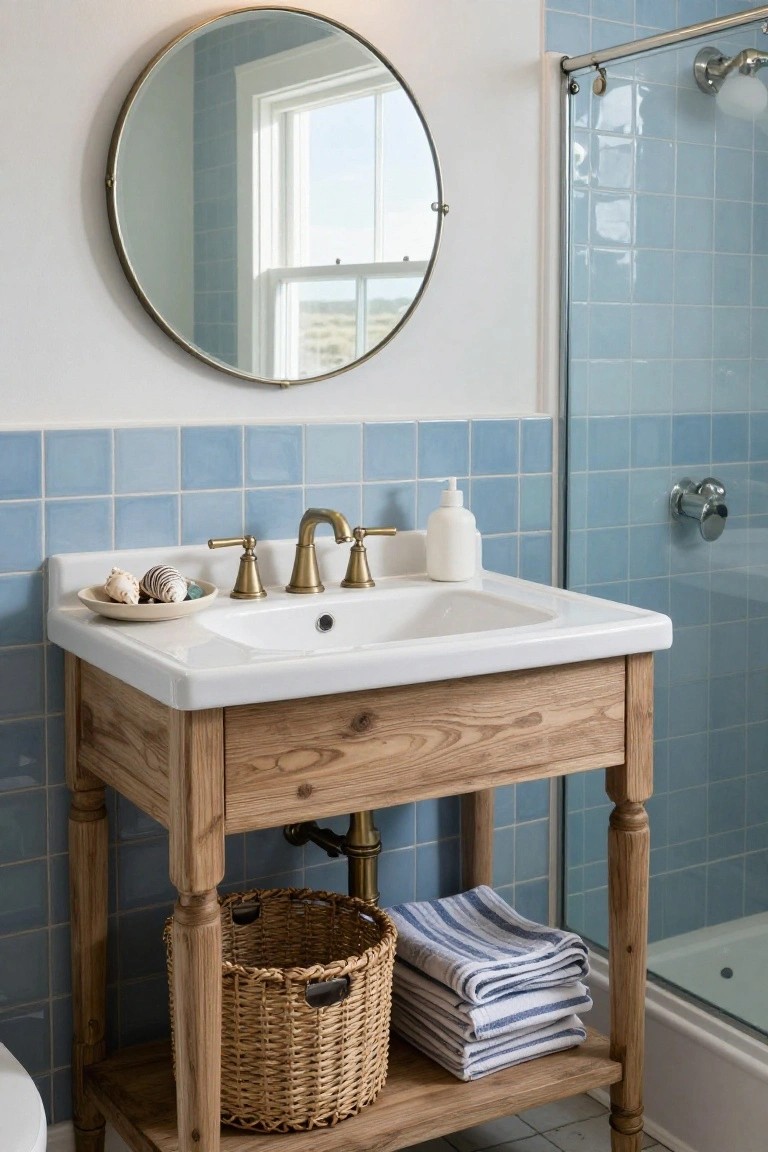 A white ceramic sink rests on a light wood vanity with turned legs, a single drawer, and an open bottom shelf holding a wicker basket and folded striped towels, against blue tiled walls with a round mirror above.