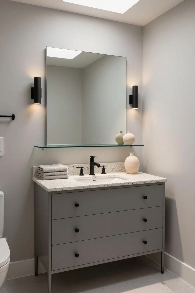A modern bathroom vanity with a gray three-drawer cabinet, speckled countertop, black faucet, and large mirror above it.